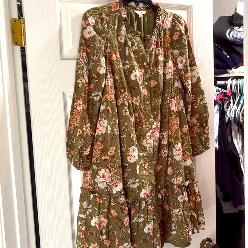 Frye and Co. Womens Long Sleeve Green Floral Dress Size xsmall Boho Midi